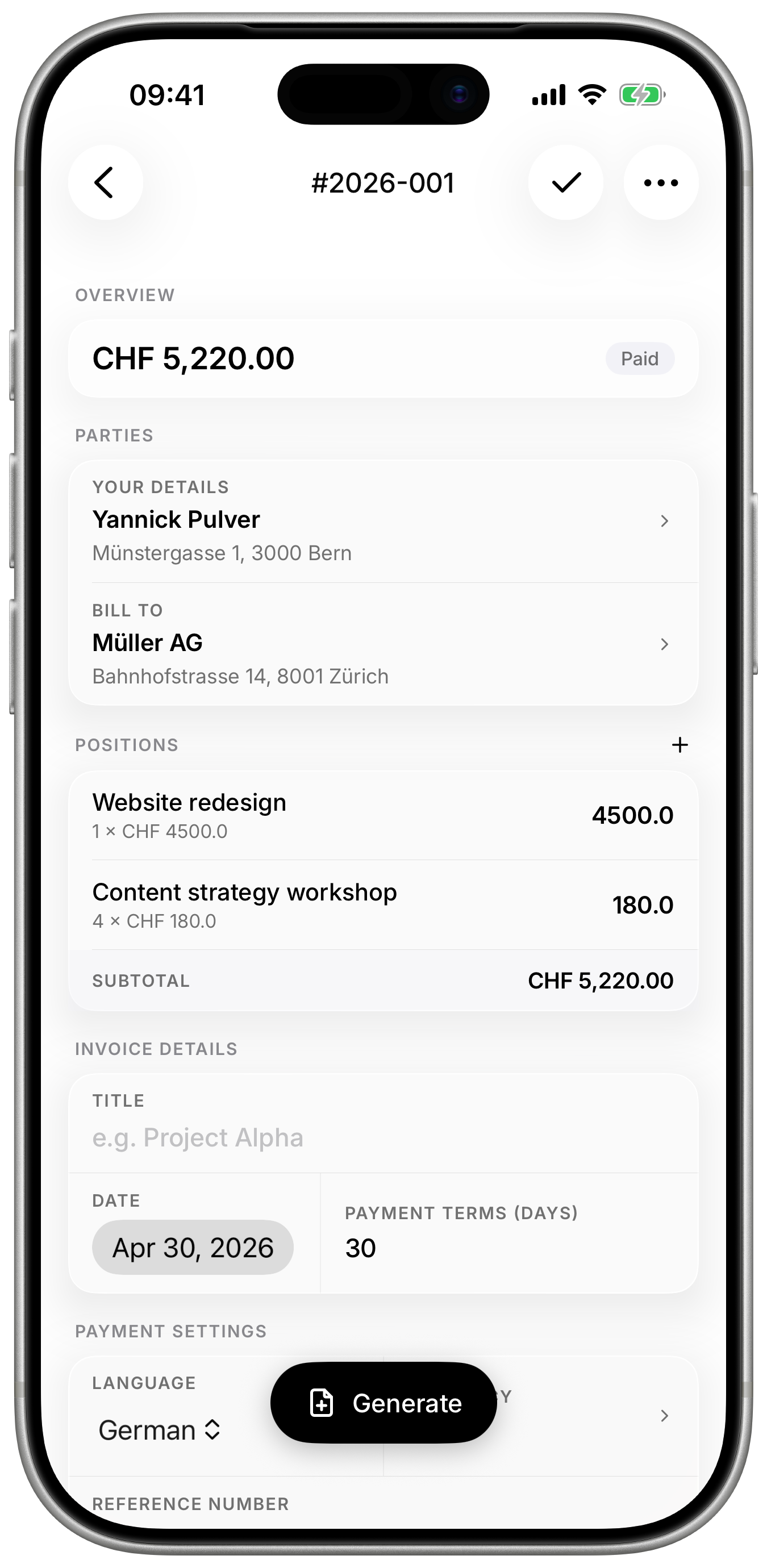 Invoice detail with status pill and department field