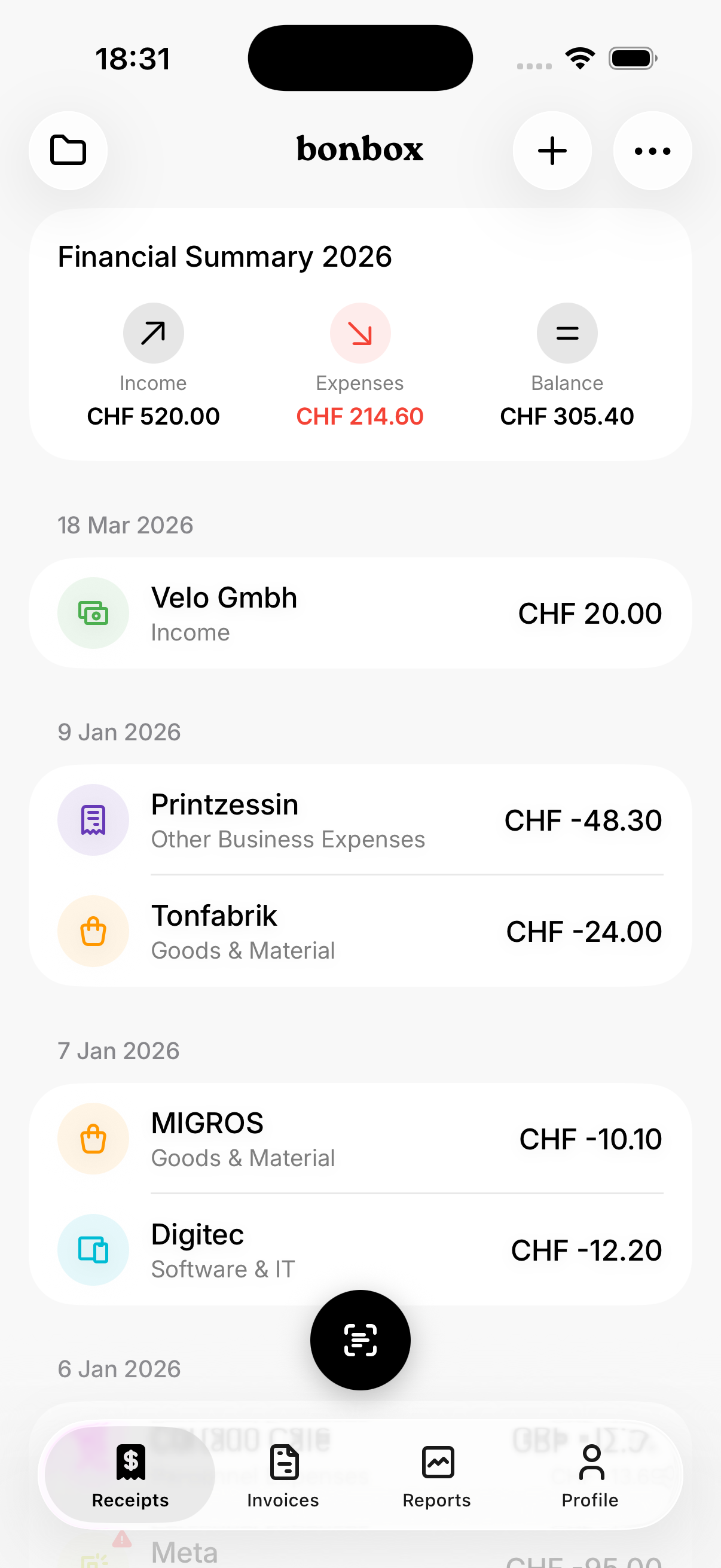 Receipts list